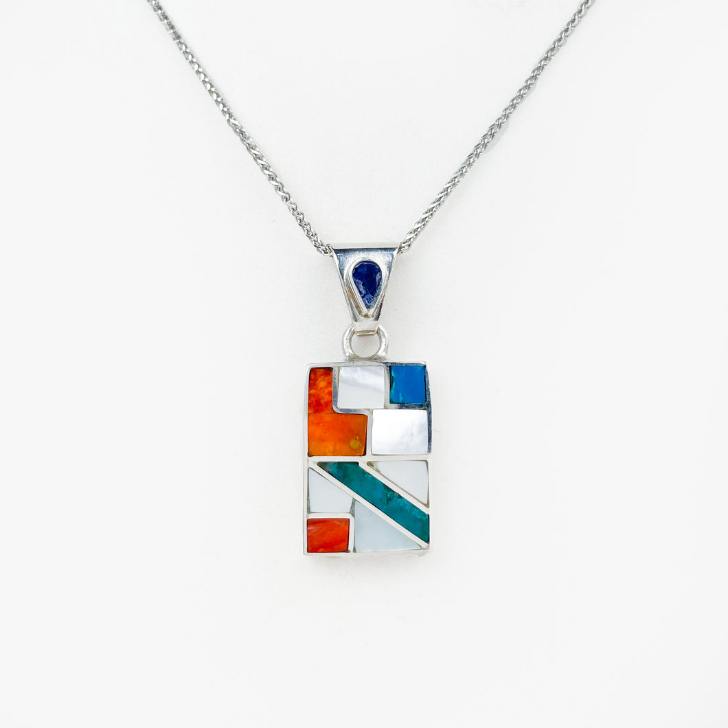 Multi-stone and Shell Inlay Silver Rectangle Pendant