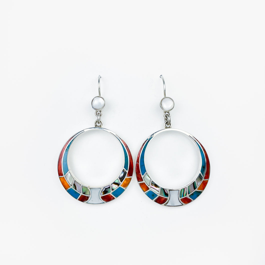 Multi-stone and Shell Inlay Silver Hoop Earrings