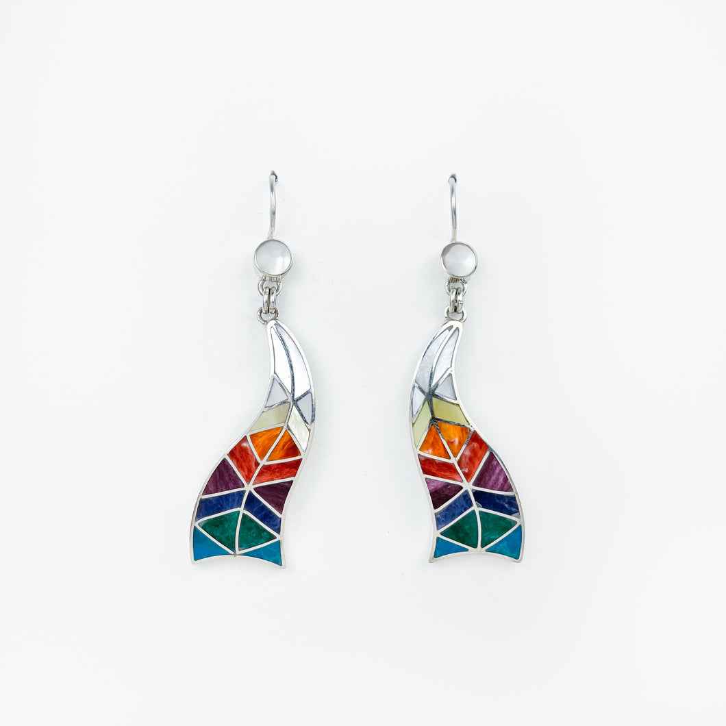 Multi-stone and Shell Inlay Ribbon Silver Earrings