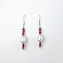 Load image into Gallery viewer, Garnet and Pearl Yellow Gold Dangle Earrings