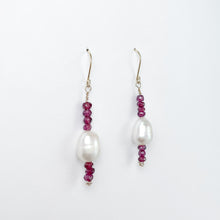 Load image into Gallery viewer, Garnet and Pearl Yellow Gold Dangle Earrings