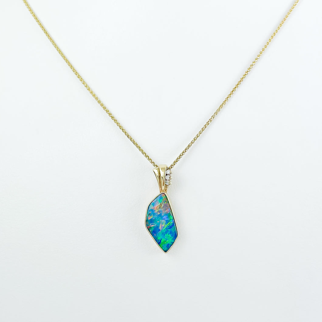 Boulder Opal Doublet and Diamond Gold Pendant