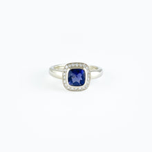 Load image into Gallery viewer, Iolite and Diamond Halo White Gold Ring