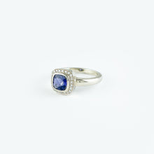 Load image into Gallery viewer, Iolite and Diamond Halo White Gold Ring