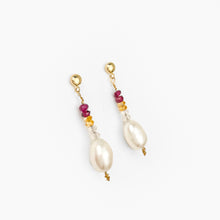 Load image into Gallery viewer, Moonstone, Garnet, Citrine and Pearl Yellow Gold Dangle Earrings
