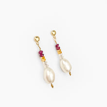 Load image into Gallery viewer, Moonstone, Garnet, Citrine and Pearl Yellow Gold Dangle Earrings