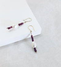 Load image into Gallery viewer, Garnet and Pearl Yellow Gold Dangle Earrings