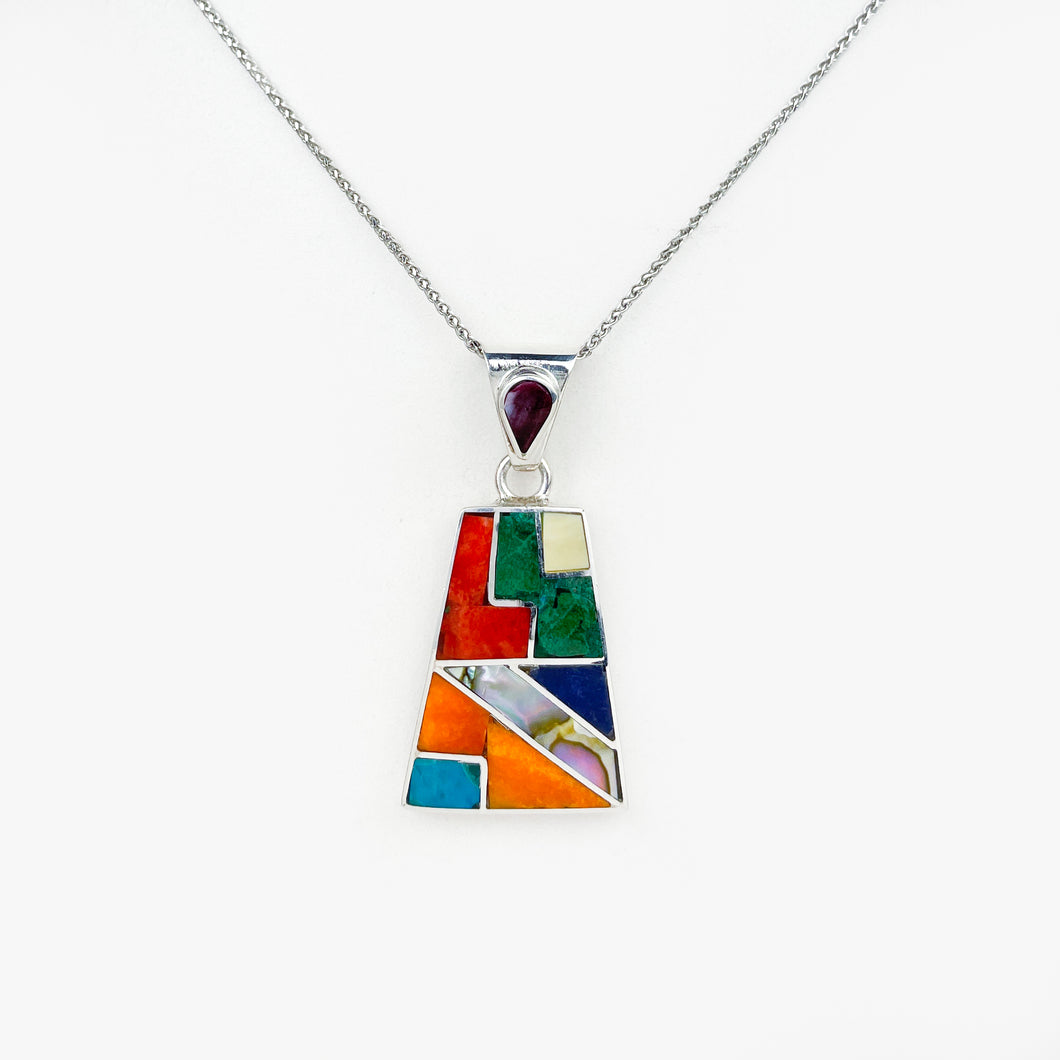 Multi-stone and Shell Inlay Silver Trapezoid Pendant