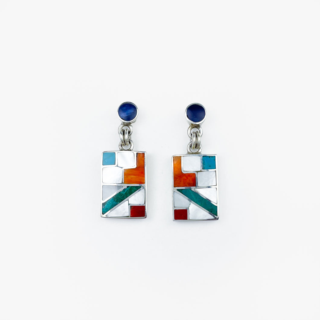 Multi-stone and Shell Inlay Silver Rectangle Stud Earrings