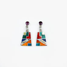 Load image into Gallery viewer, Multi-stone and Shell Inlay Trapezoid Purple Silver Stud Earrings
