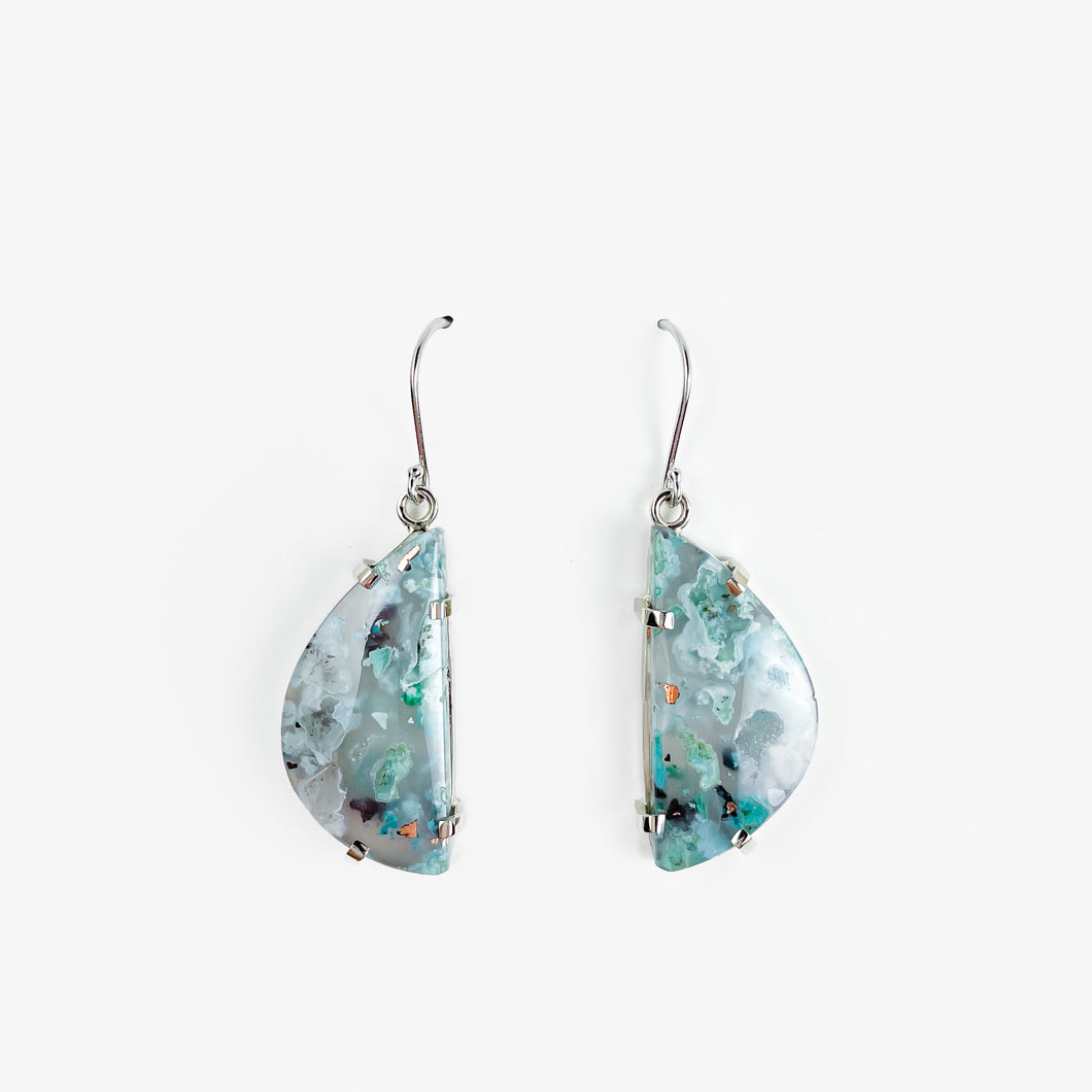 Half-Moon Confetti Chrysocolla Agate White Gold Earrings