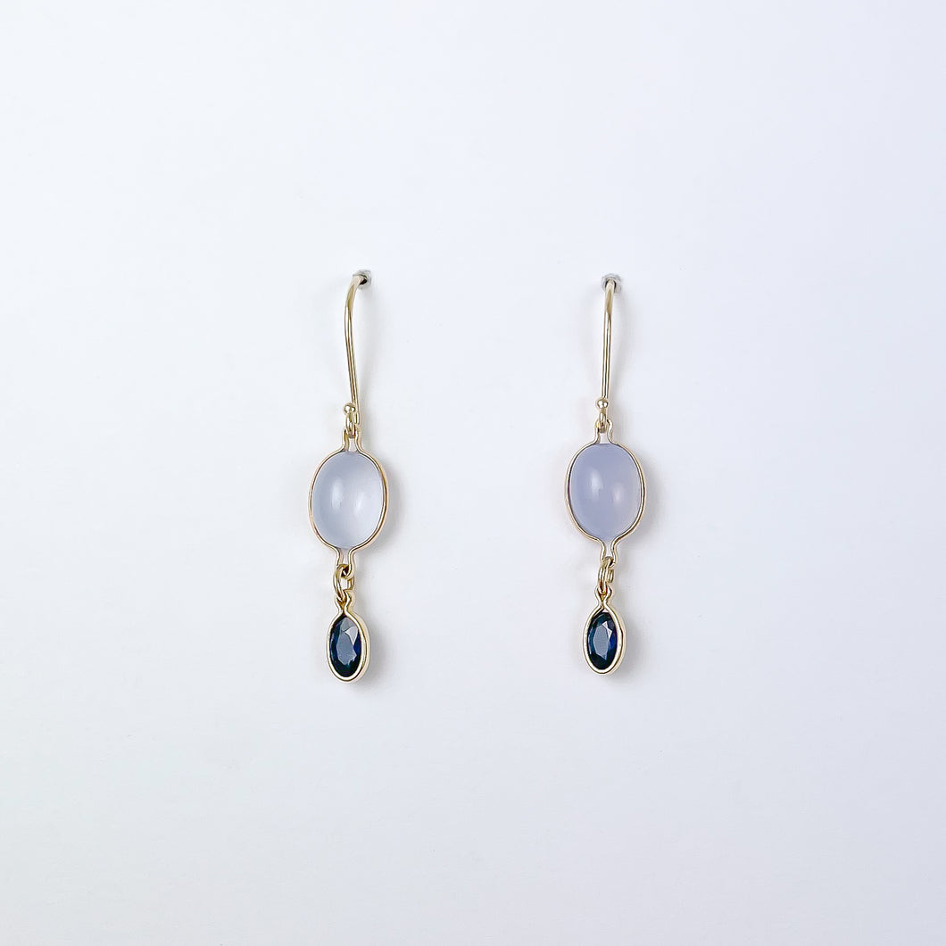 Blue Sapphire and Chalcedony Yellow Gold Earrings