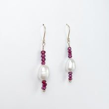 Load image into Gallery viewer, Garnet and Pearl Yellow Gold Dangle Earrings
