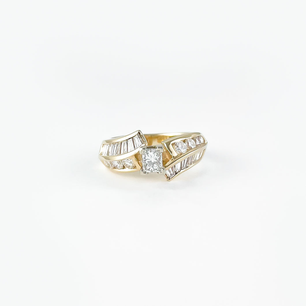 Princess Cut and Double Row Diamond Yellow Gold Ring