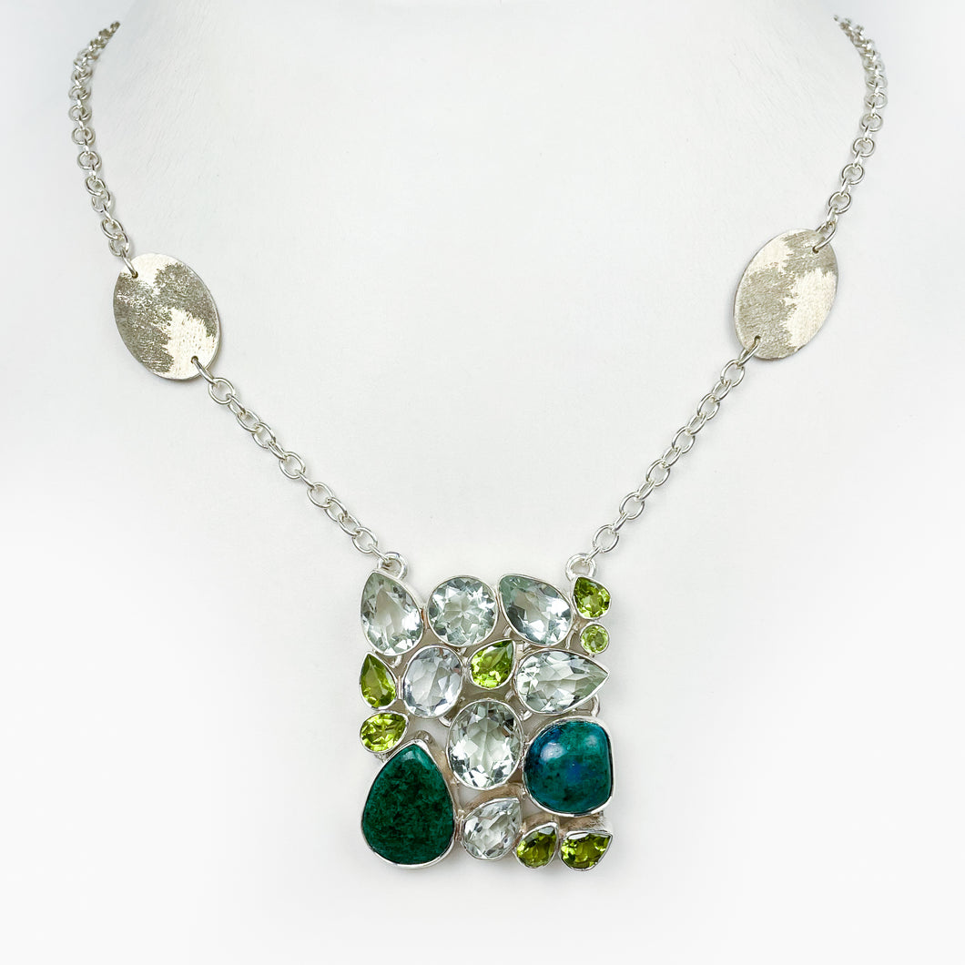 Blue Green Chrysocolla, Peridot and Green Prasiolite Silver Necklace