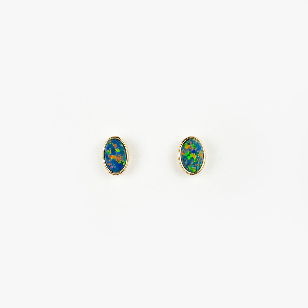 Boulder Opal Doublet Yellow Gold Stud Earrings