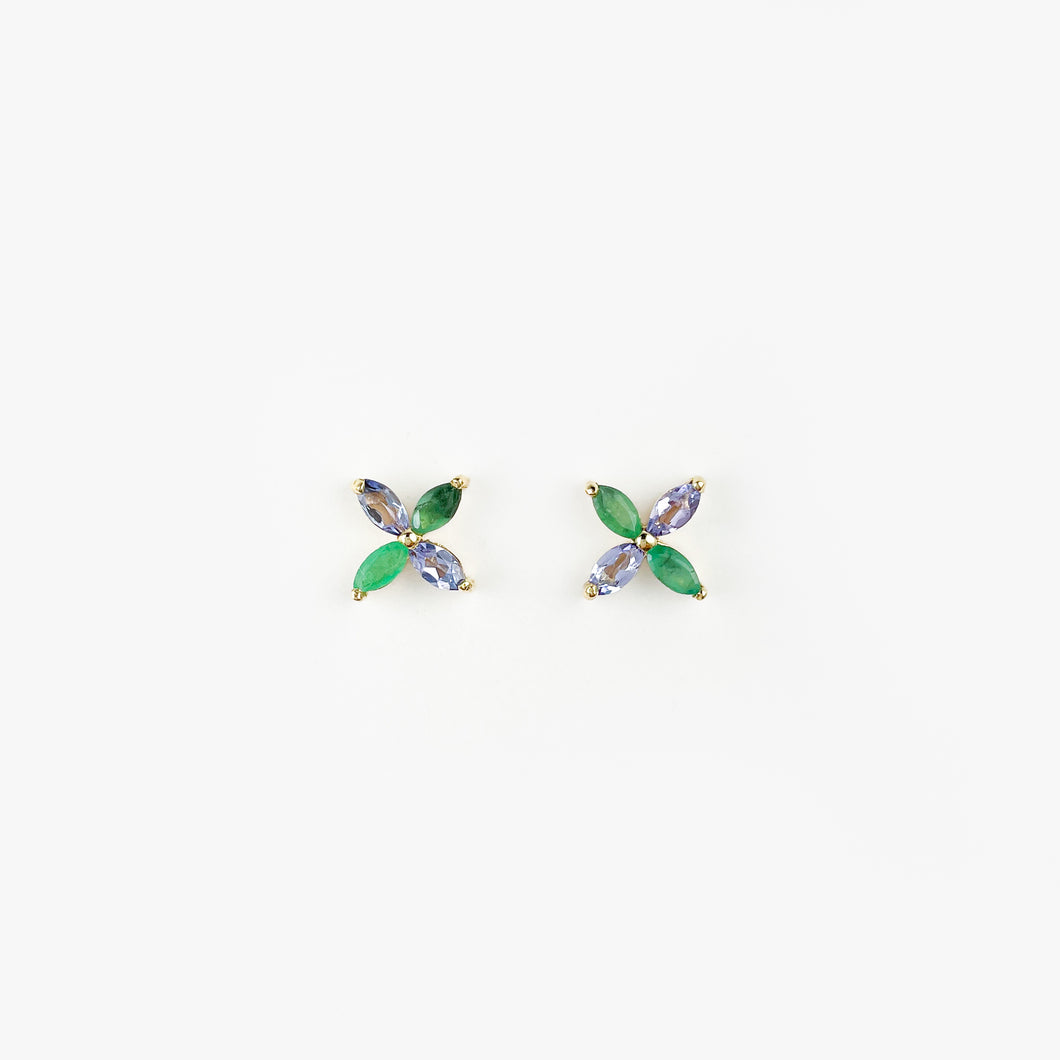 Emerald and Tanzanite Marquise Yellow Gold Stud Earrings