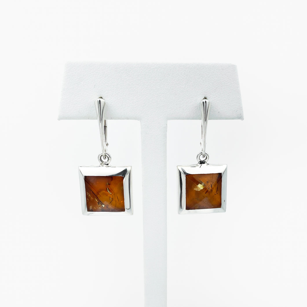 Amber Pyramid Silver Dangle Earrings