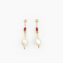 Load image into Gallery viewer, Moonstone, Garnet, Citrine and Pearl Yellow Gold Dangle Earrings
