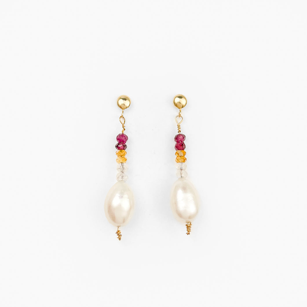 Moonstone, Garnet, Citrine and Pearl Yellow Gold Dangle Earrings