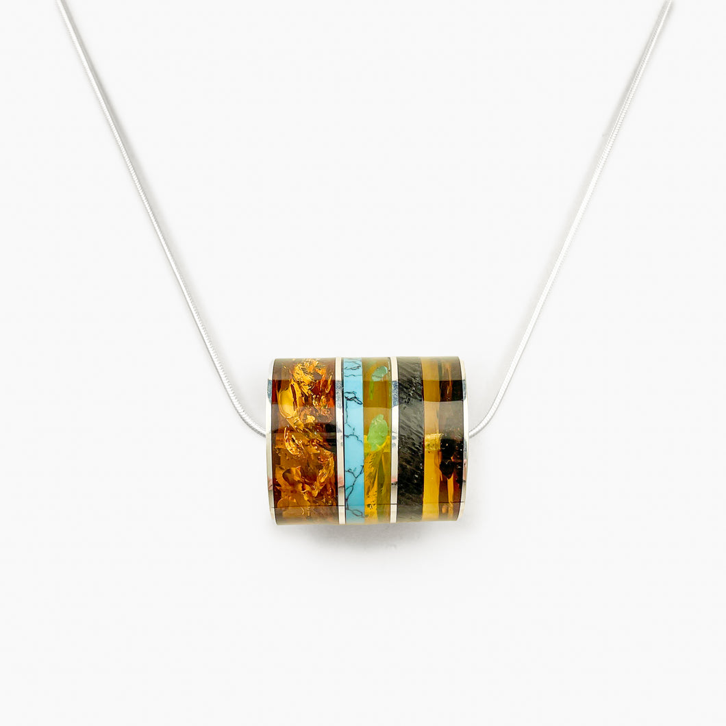 Amber, Turquoise and Black Onyx Cylinder Silver Necklace
